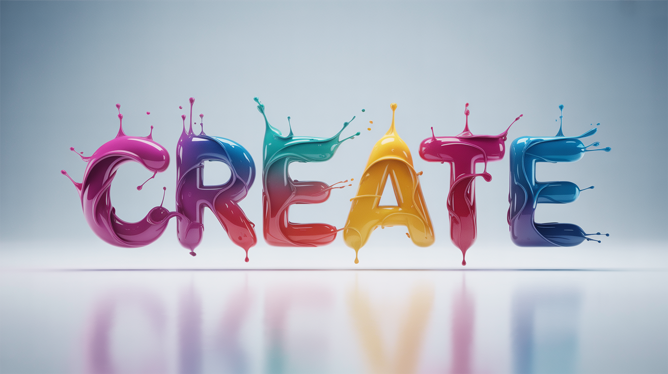 The word 'CREATE' rendered in a dynamic 3D style, appearing as if it's made from colorful splashes of liquid paint, set against a clean white background.