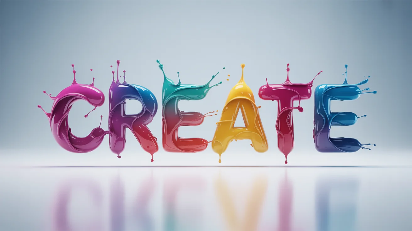 The word 'CREATE' rendered in a dynamic 3D style, appearing as if it's made from colorful splashes of liquid paint, set against a clean white background.