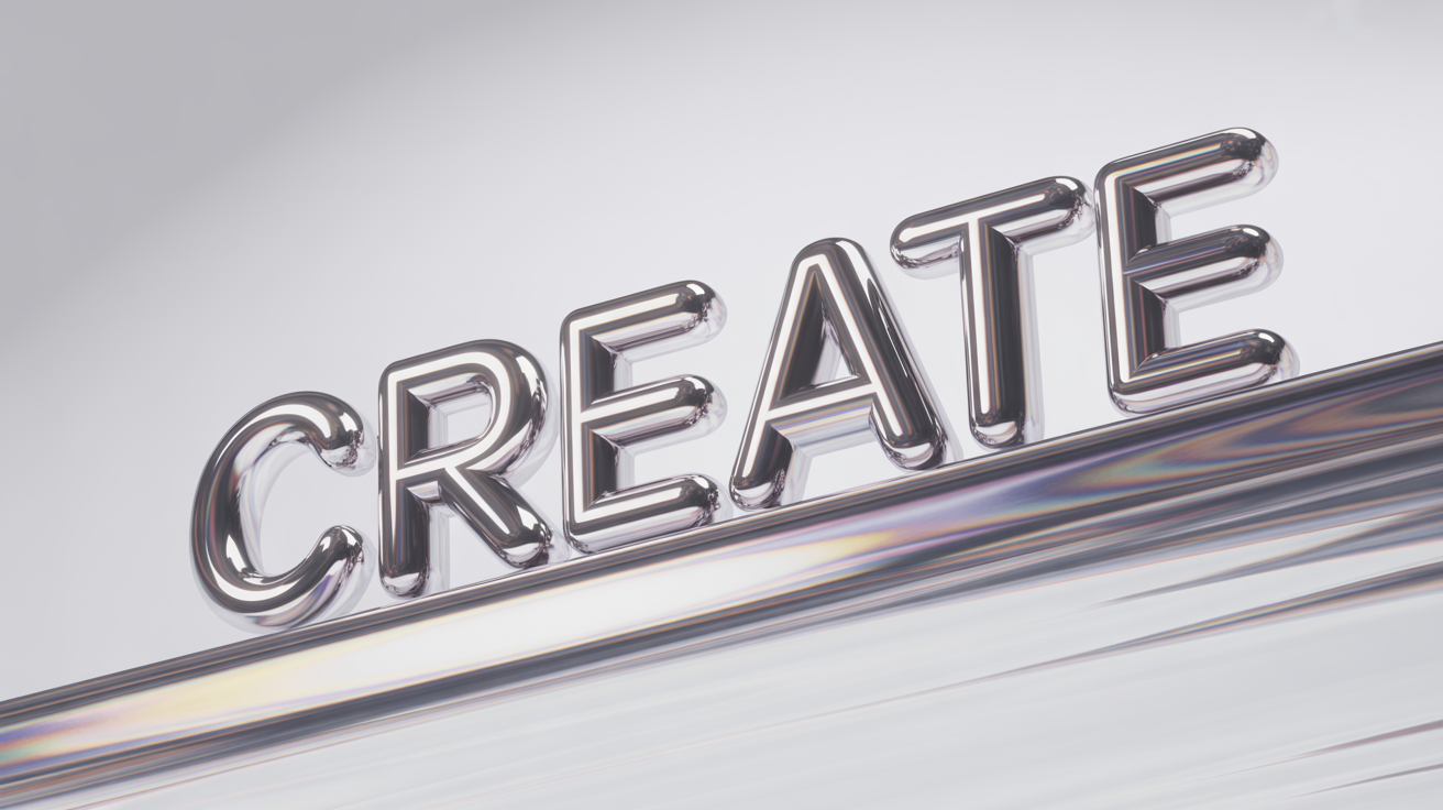 A 3D rendering of the word 'CREATE' in a shiny, iridescent chrome finish, set against a clean white background. The letters are bold and sculptural, reflecting a rainbow of colors.