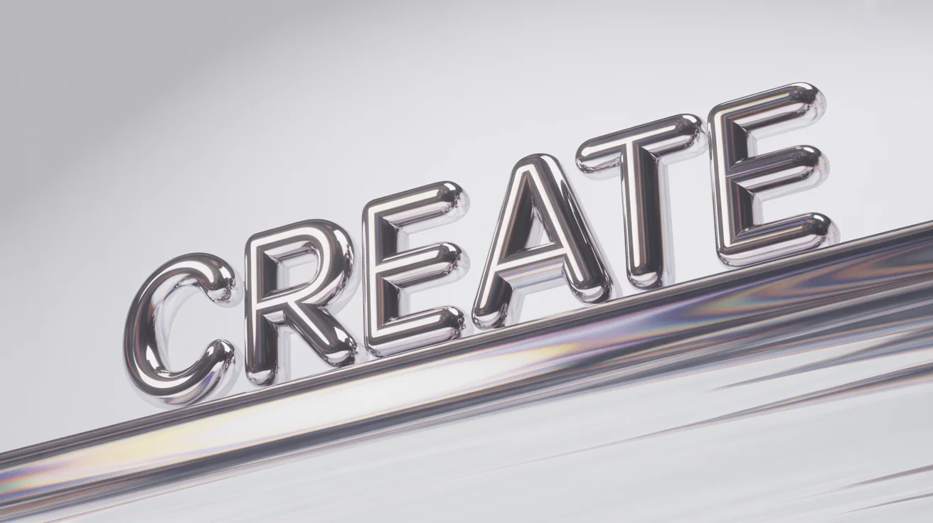 A 3D rendering of the word 'CREATE' in a shiny, iridescent chrome finish, set against a clean white background. The letters are bold and sculptural, reflecting a rainbow of colors.