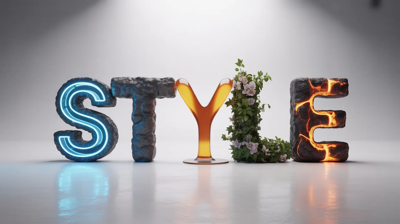 The word STYLE is rendered in 3D, with each letter made of a different material: 'S' is blue neon, 'T' is stone, 'Y' is liquid gold, 'L' is ivy vines, and 'E' is molten lava, all on a white background.