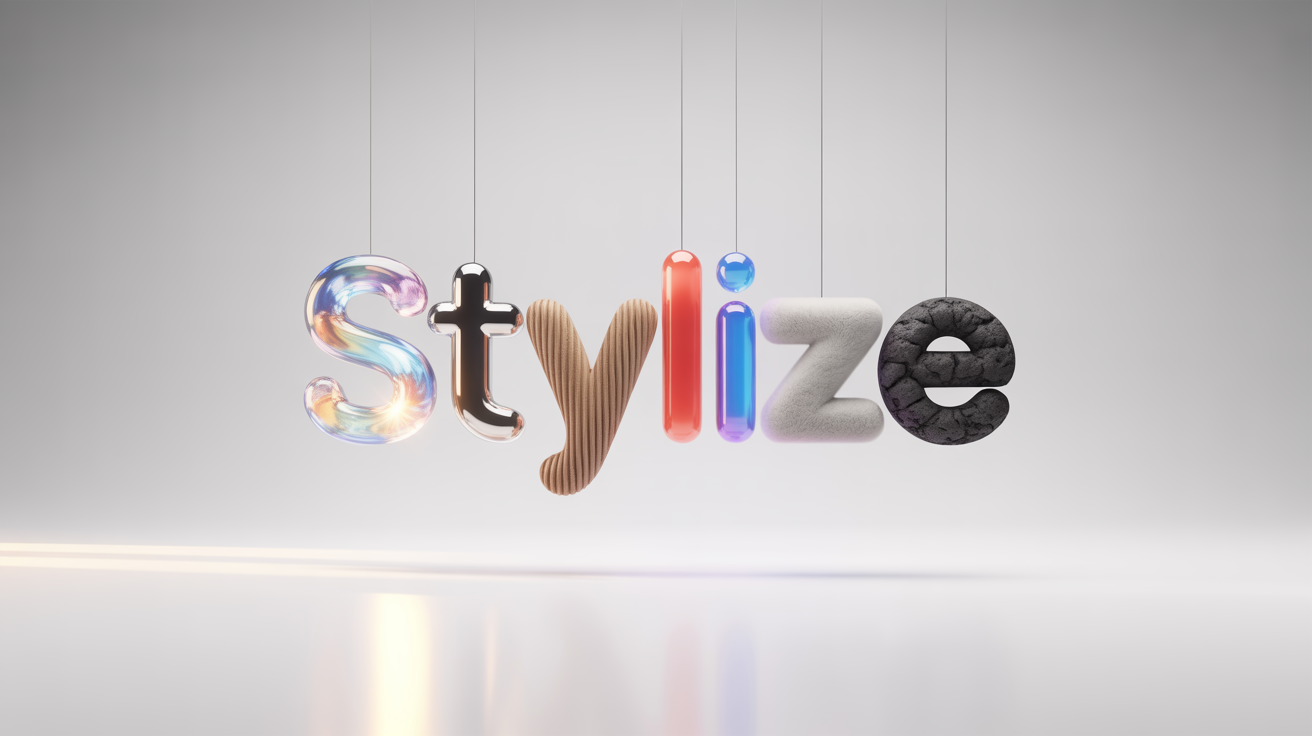 A 3D rendering of the word 'STYLIZE' where each letter is made from a different material crystal, chrome, wood, plastic, neon, fur, and rock against a clean white background.