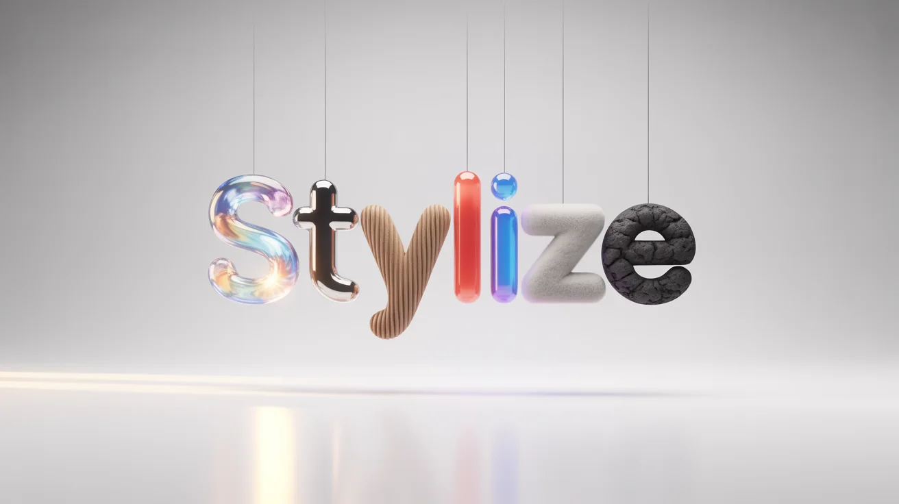 A 3D rendering of the word 'STYLIZE' where each letter is made from a different material crystal, chrome, wood, plastic, neon, fur, and rock against a clean white background.