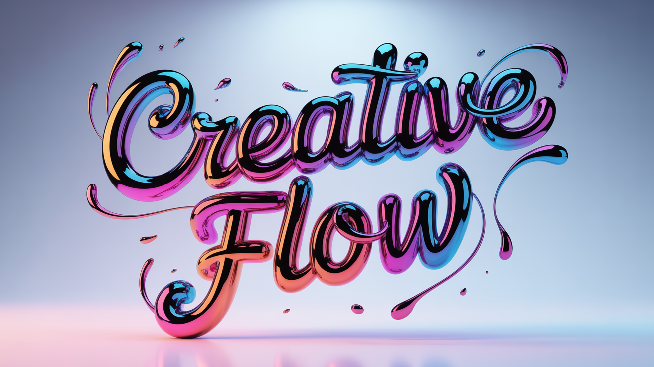 A stylized 3D text mockup showing the words 'CREATIVE FLOW' made of swirling, colorful molten chrome against a clean white background.
