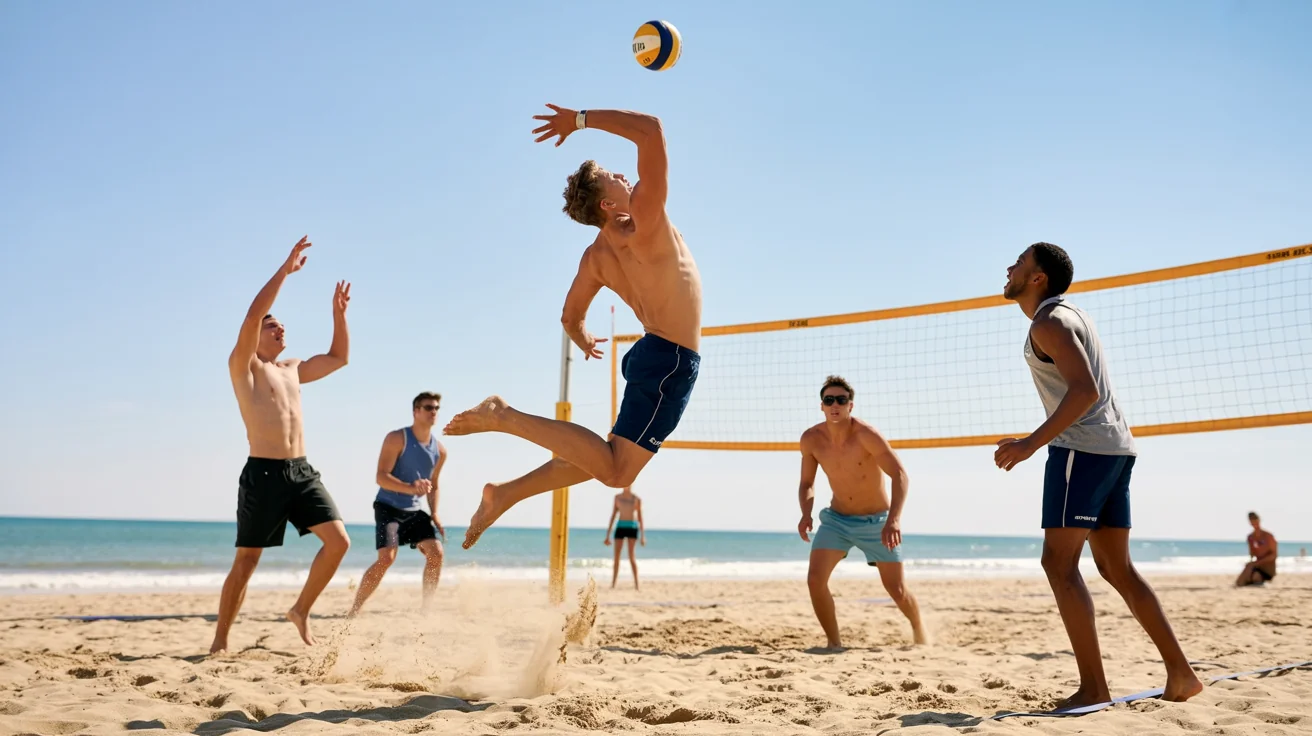 A marketing graphic demonstrating an auto-reframe tool. A central wide image shows people playing beach volleyball. Two smaller frames, one vertical and one square, show zoomed-in, reframed views focusing on the main action from the original image.