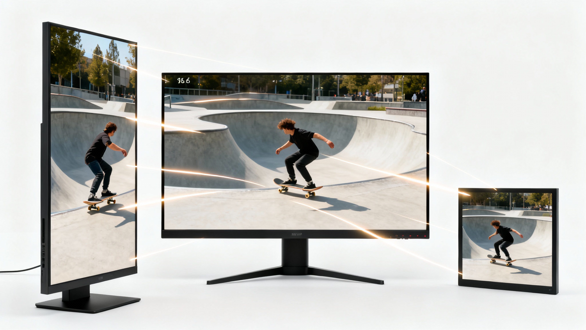 A conceptual image illustrating automatic video reframing. A central widescreen image of a skateboarder is shown being transformed into vertical and square formats, all against a clean white background.