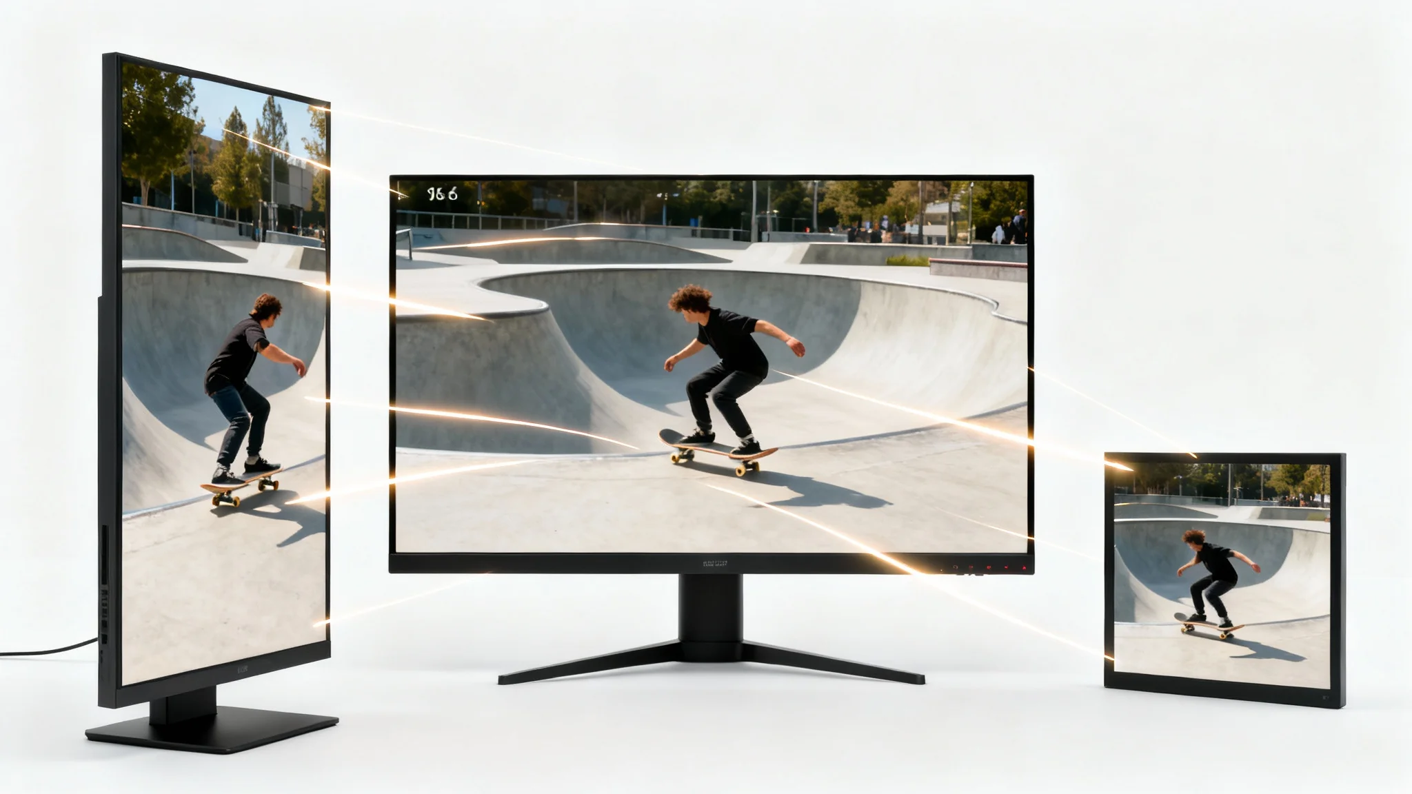 A conceptual image illustrating automatic video reframing. A central widescreen image of a skateboarder is shown being transformed into vertical and square formats, all against a clean white background.