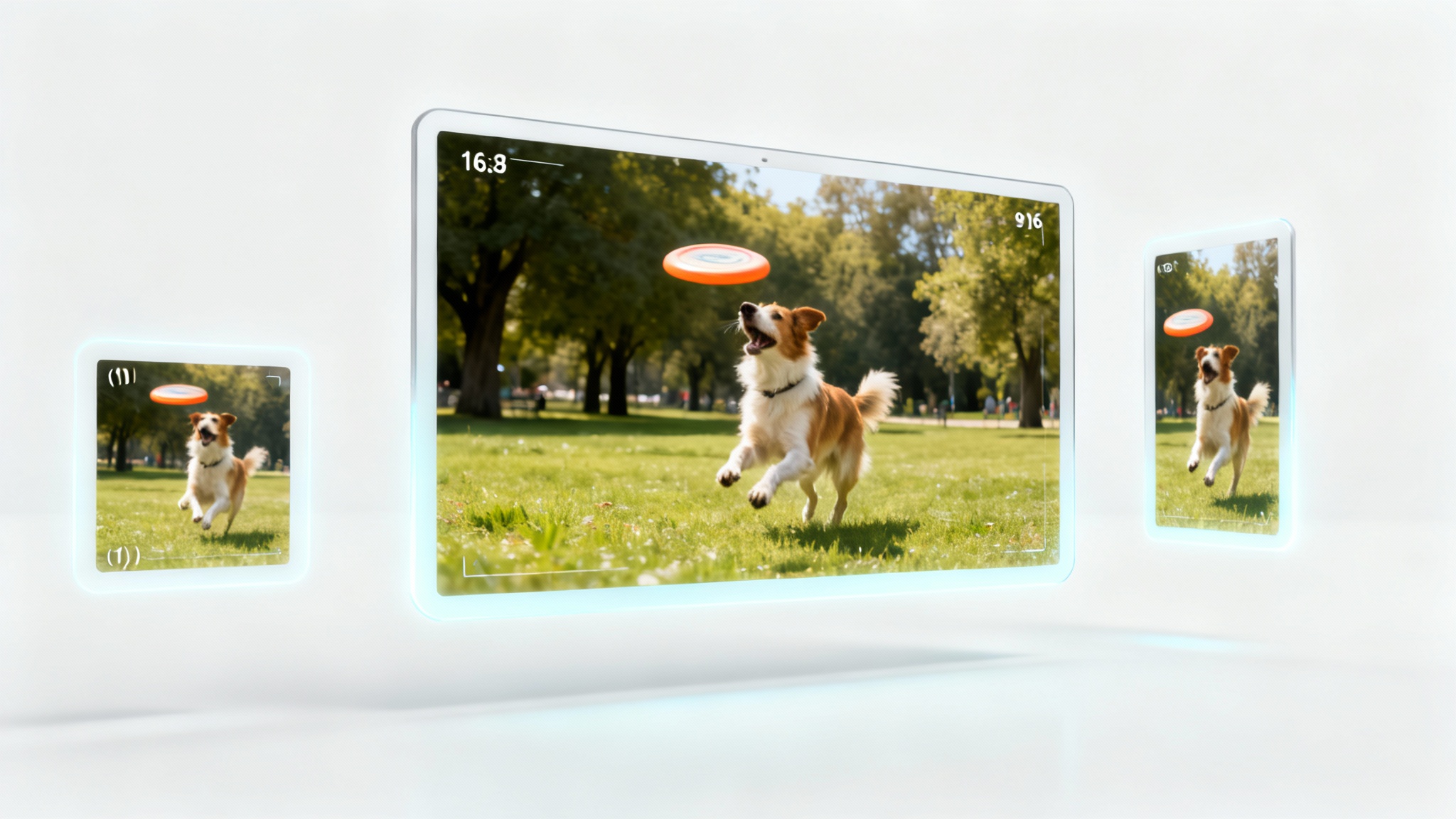 A conceptual image showing three video frames of a dog catching a frisbee, demonstrating auto-reframe. A wide original shot is shown next to a square and a vertical version, both perfectly cropped to keep the dog in the center of the frame.