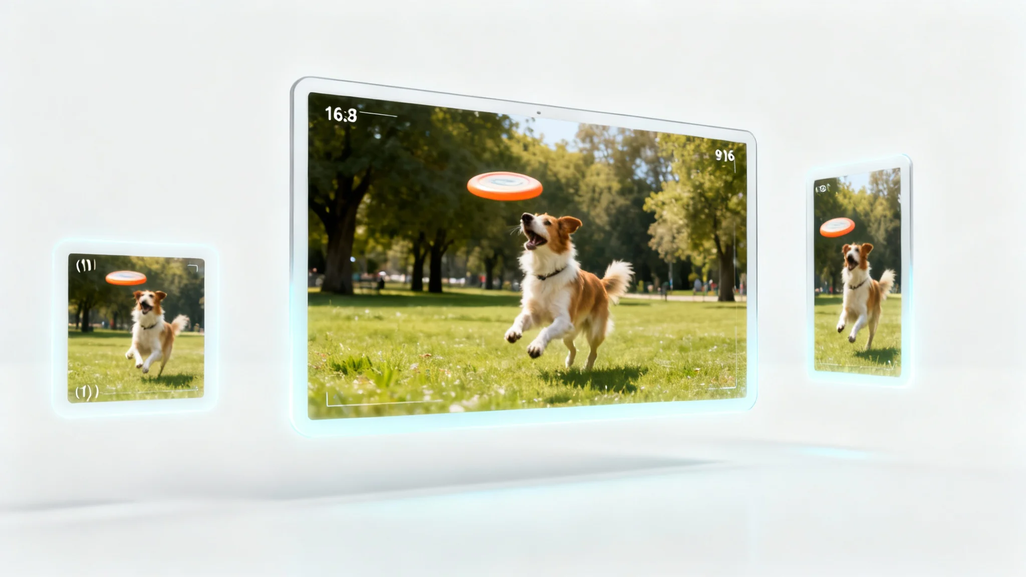 A conceptual image showing three video frames of a dog catching a frisbee, demonstrating auto-reframe. A wide original shot is shown next to a square and a vertical version, both perfectly cropped to keep the dog in the center of the frame.