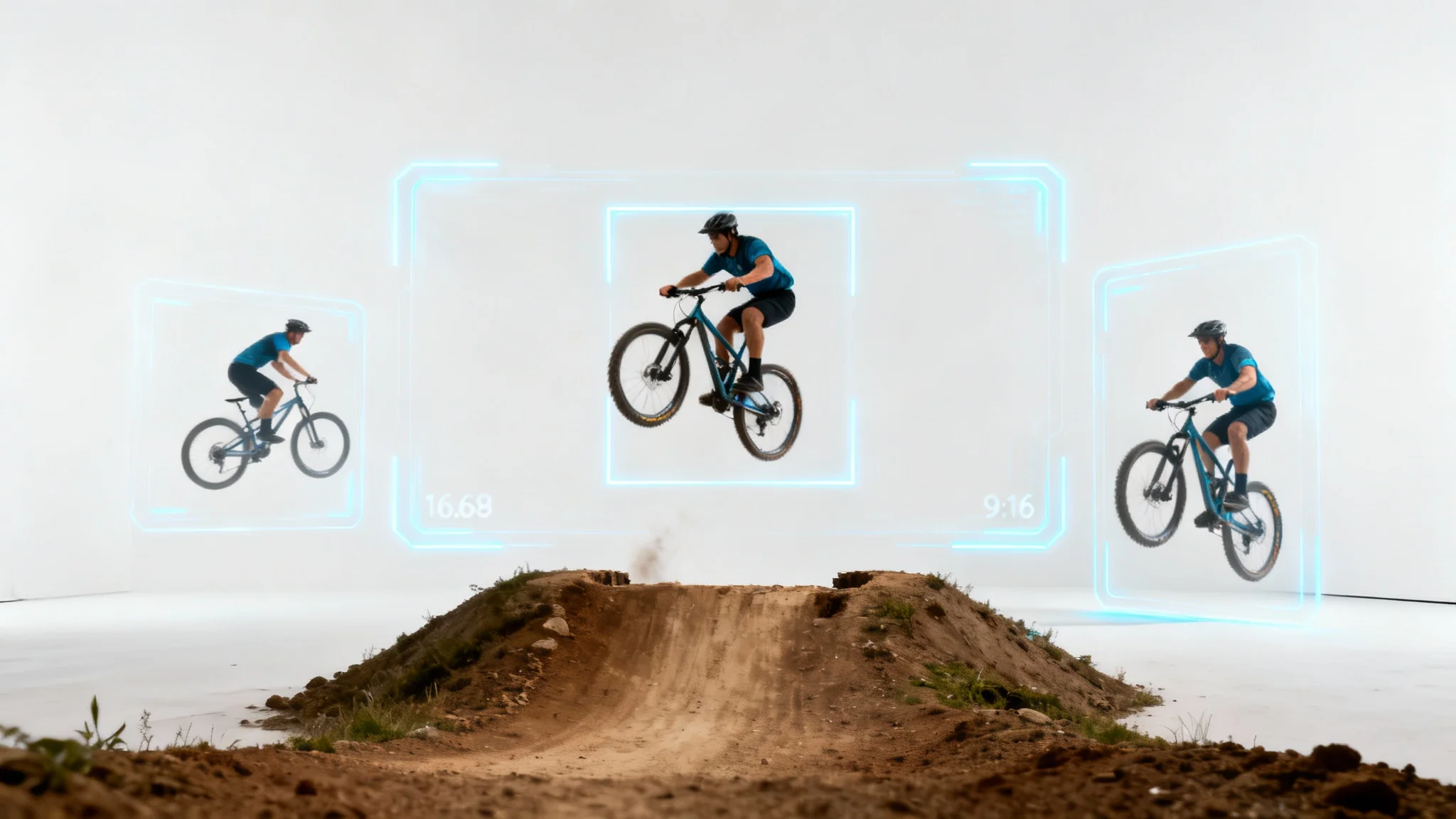 A mountain biker in mid-air, shown through three different aspect ratio frames (horizontal, vertical, and square) to illustrate the concept of auto reframing a video.