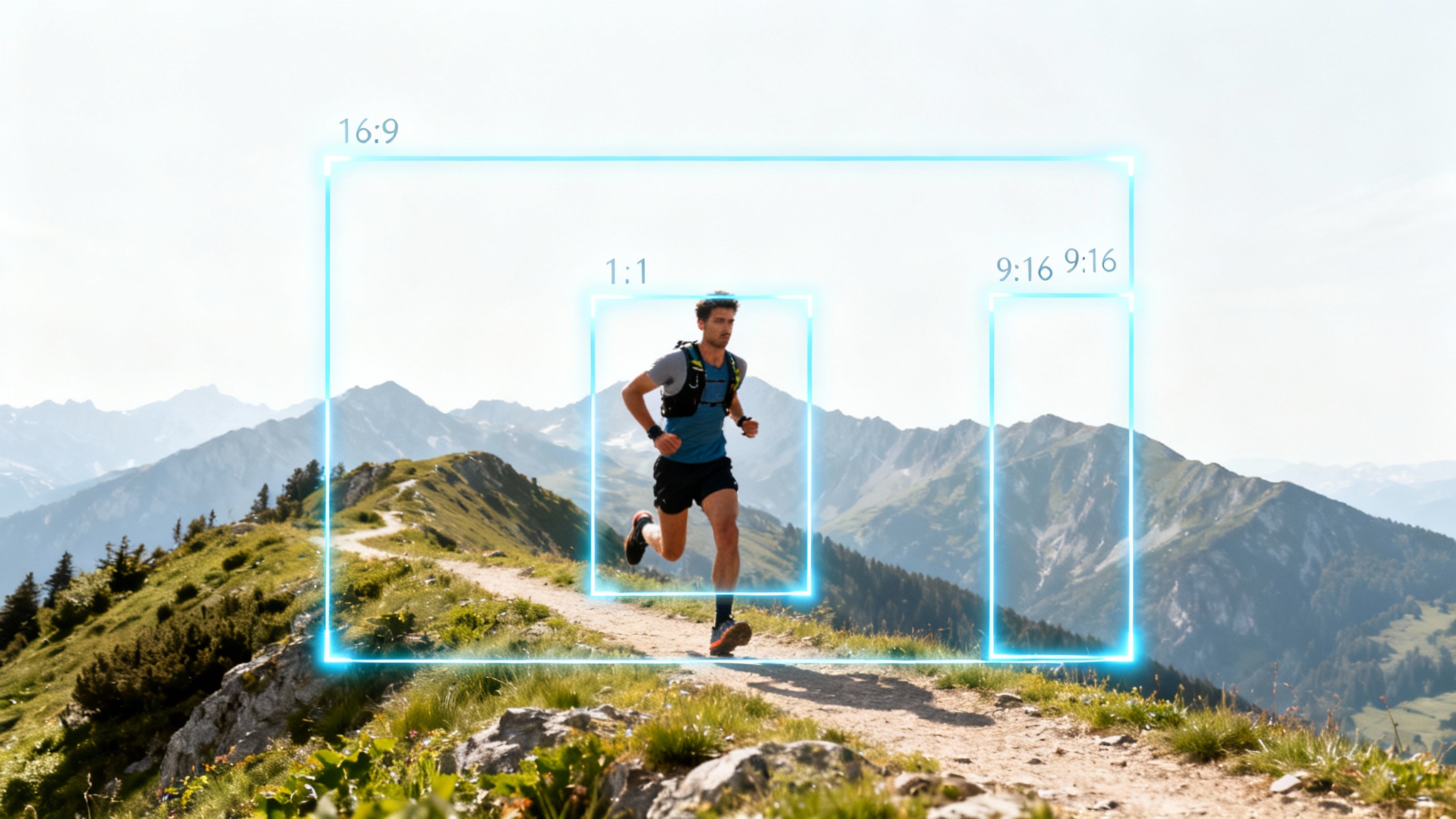 A conceptual image showing a trail runner, with three overlaid frames in different aspect ratios (wide, square, and vertical) all perfectly centered on the runner to illustrate auto-reframing technology.
