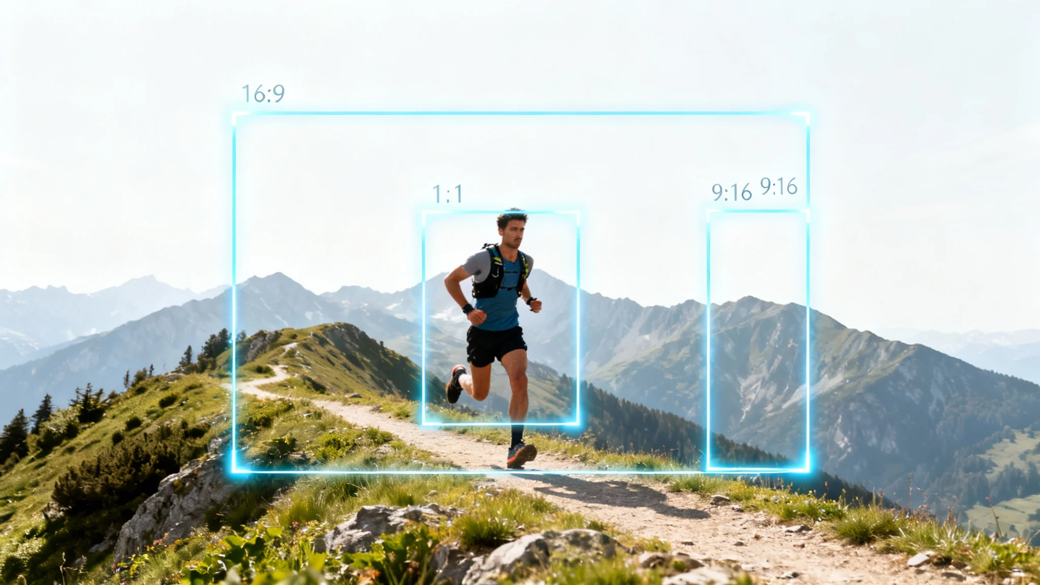 A conceptual image showing a trail runner, with three overlaid frames in different aspect ratios (wide, square, and vertical) all perfectly centered on the runner to illustrate auto-reframing technology.
