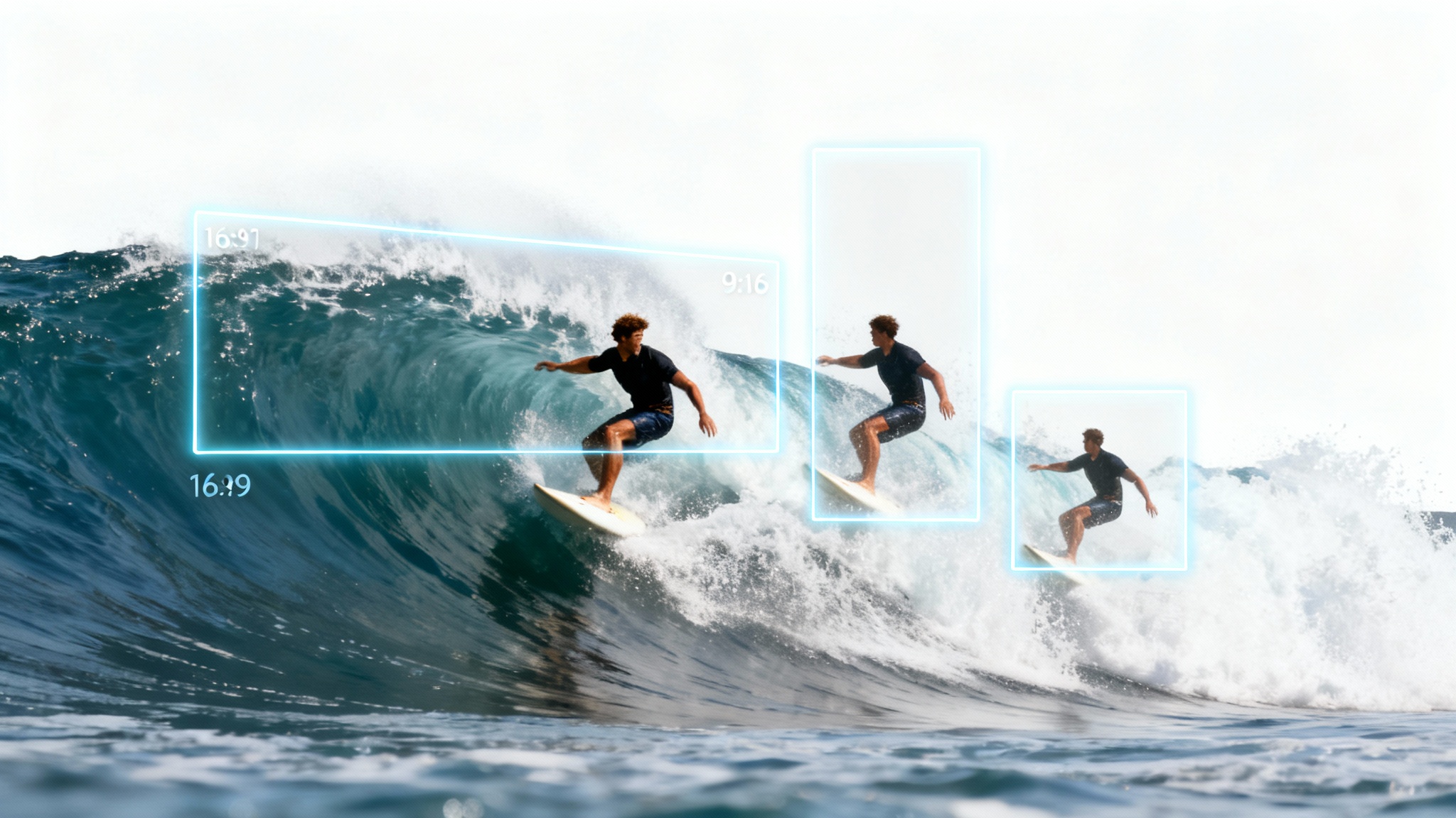 An illustration of video auto-reframing, featuring a surfer on a wave surrounded by glowing frames of different aspect ratios (wide, vertical, and square) against a white background.