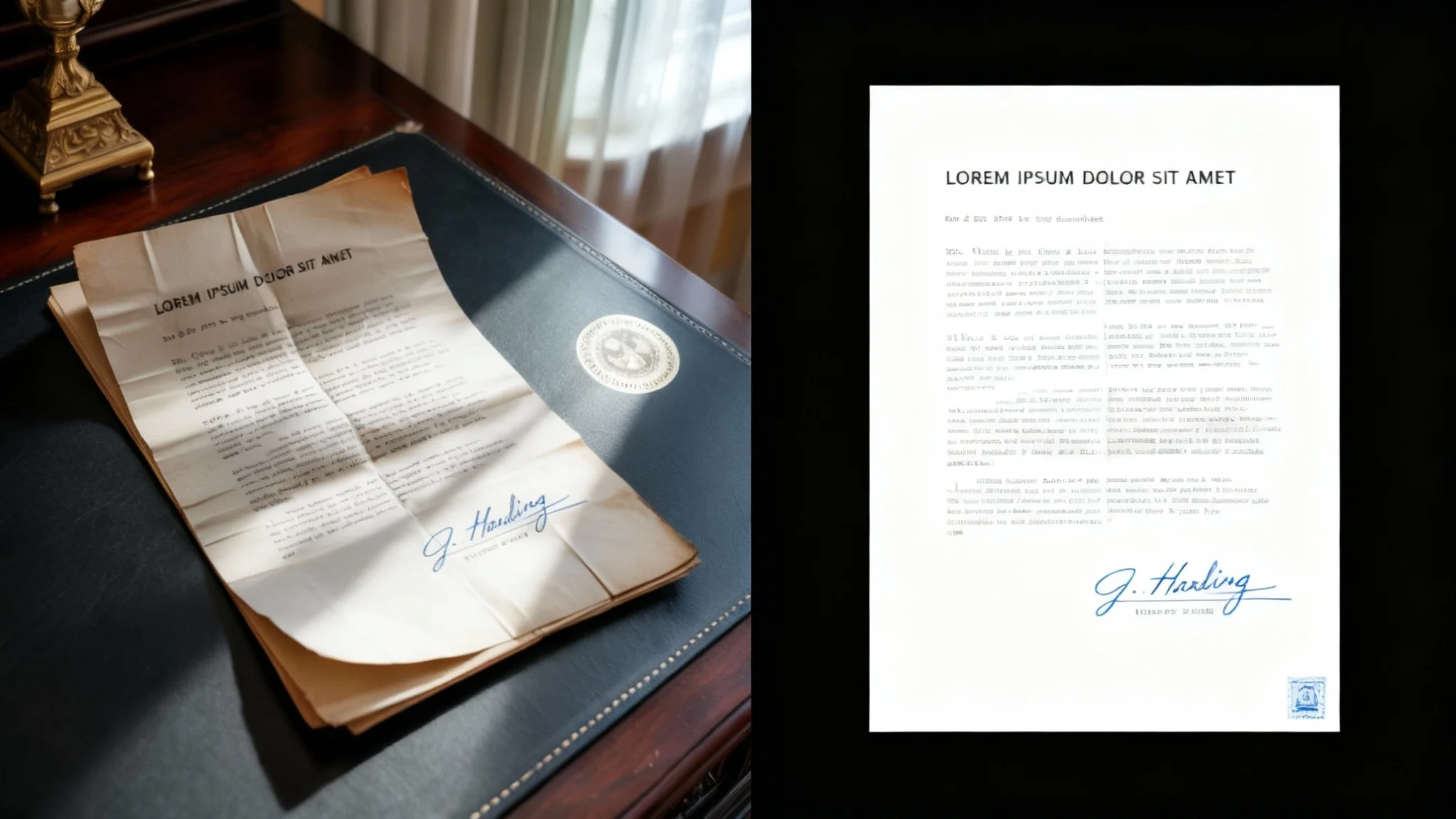 A before-and-after comparison showing a document being scanned with a phone. The 'before' side shows a photo of a document taken at an angle with shadows. The 'after' side shows a perfect, clean, straightened digital scan of the same document.