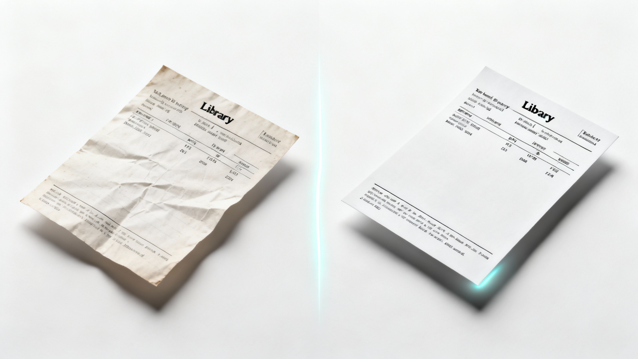 An image demonstrating a photo being converted into a scanned document, showing a crumpled receipt on one side and a clean, flat scanned version on the other.