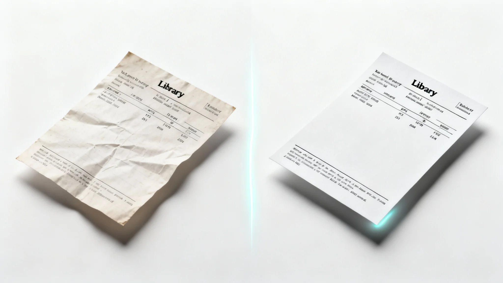 An image demonstrating a photo being converted into a scanned document, showing a crumpled receipt on one side and a clean, flat scanned version on the other.