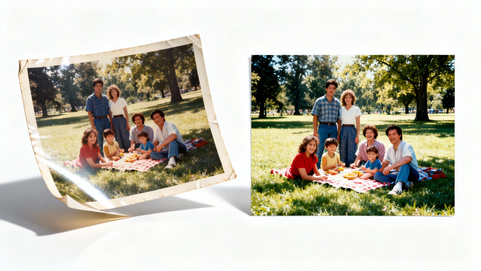 A conceptual image illustrating photo scanning. The left side shows a physical, aged photo of a family picnic, and the right side shows its crisp, clean, digitally scanned version, both on a white background.