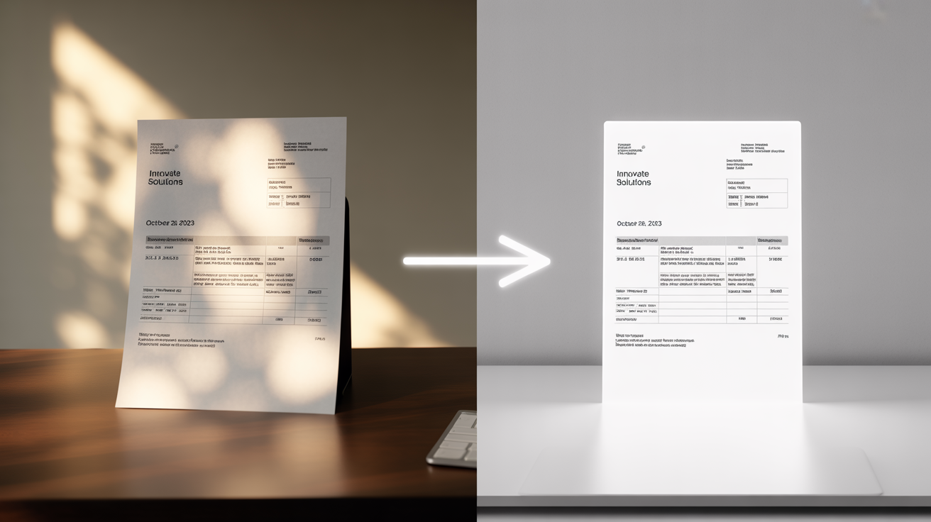 A before-and-after image demonstrating a photo-to-scan feature. The left side shows a shadowed photo of an invoice on a desk, and the right side shows the same invoice as a clean, flat, digital document.