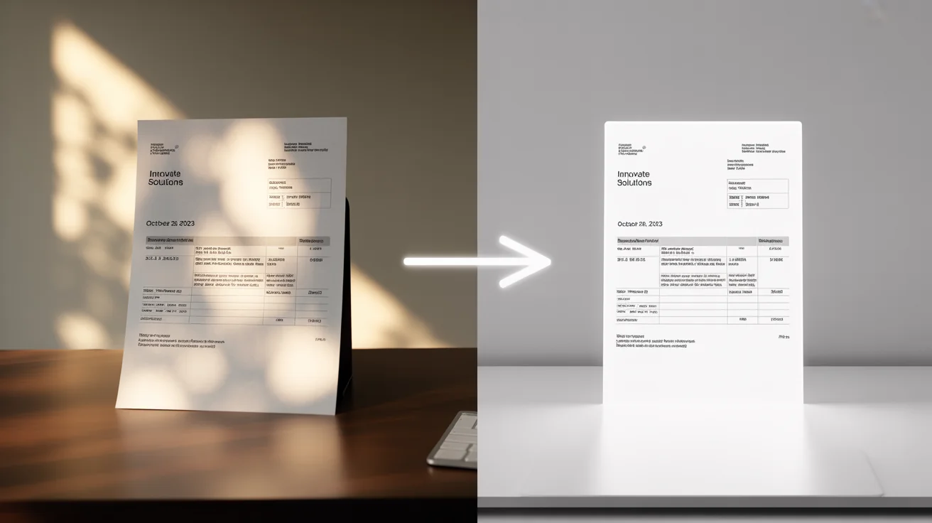 A before-and-after image demonstrating a photo-to-scan feature. The left side shows a shadowed photo of an invoice on a desk, and the right side shows the same invoice as a clean, flat, digital document.