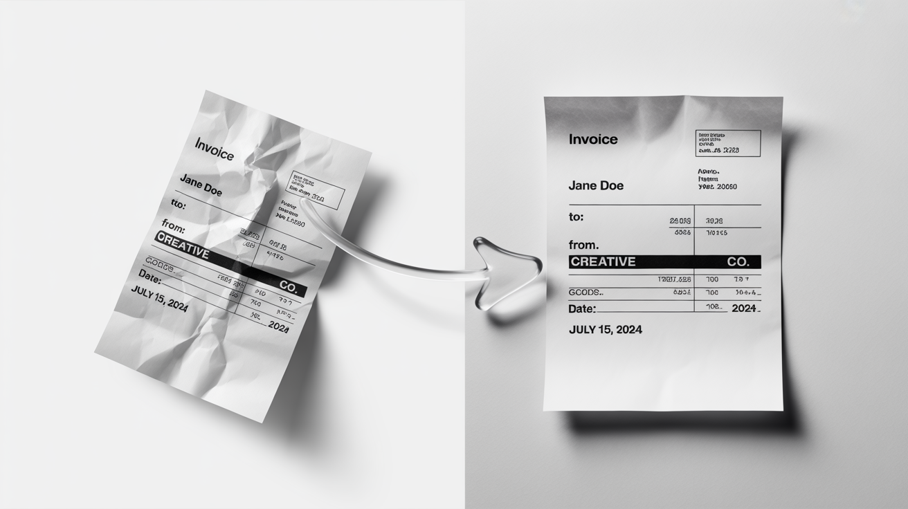 A conceptual image showing the transformation of a photo into a scanned document. On the left is a crumpled photo of an invoice, and on the right is the clean, flat, black-and-white scanned version of the same invoice.