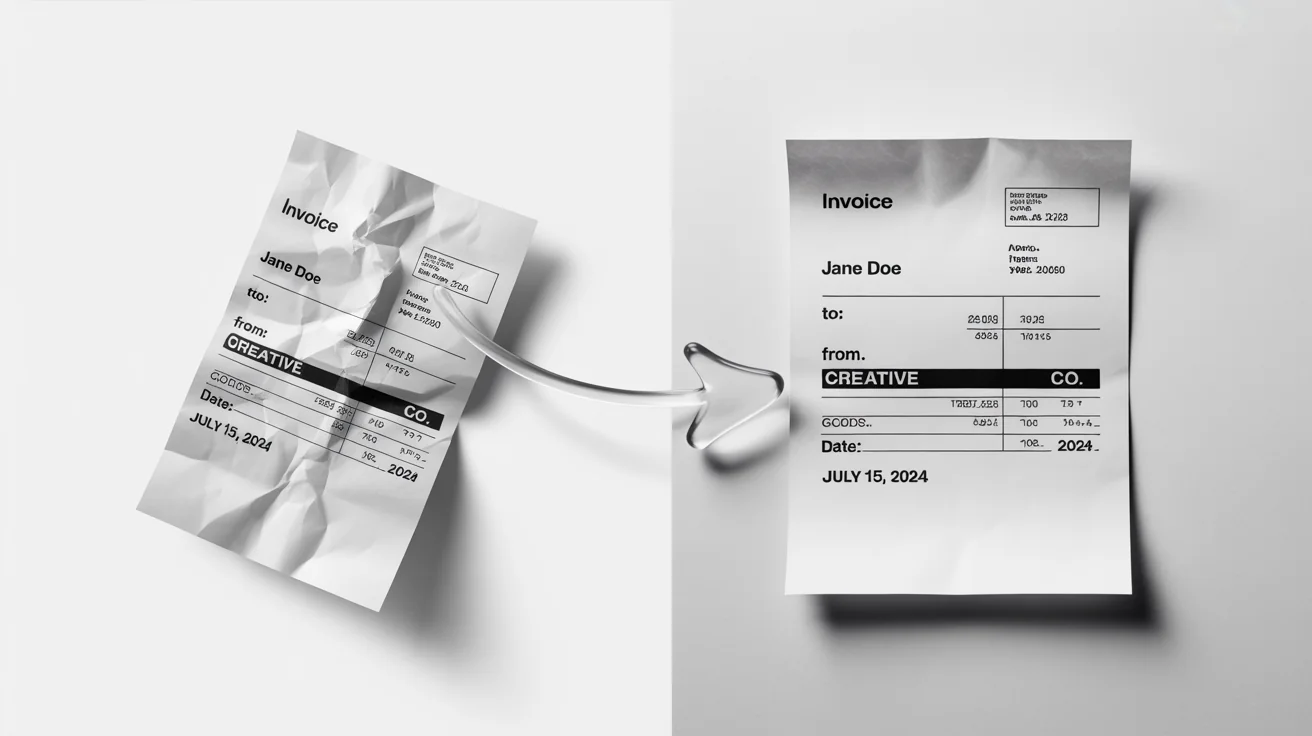 A conceptual image showing the transformation of a photo into a scanned document. On the left is a crumpled photo of an invoice, and on the right is the clean, flat, black-and-white scanned version of the same invoice.