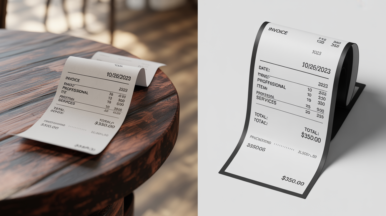 A comparison image showing the conversion of a photo of a receipt into a scanned document. The left side shows the receipt photographed at an angle with shadows, while the right side shows a clean, flat, black-and-white digital scan of the same receipt.