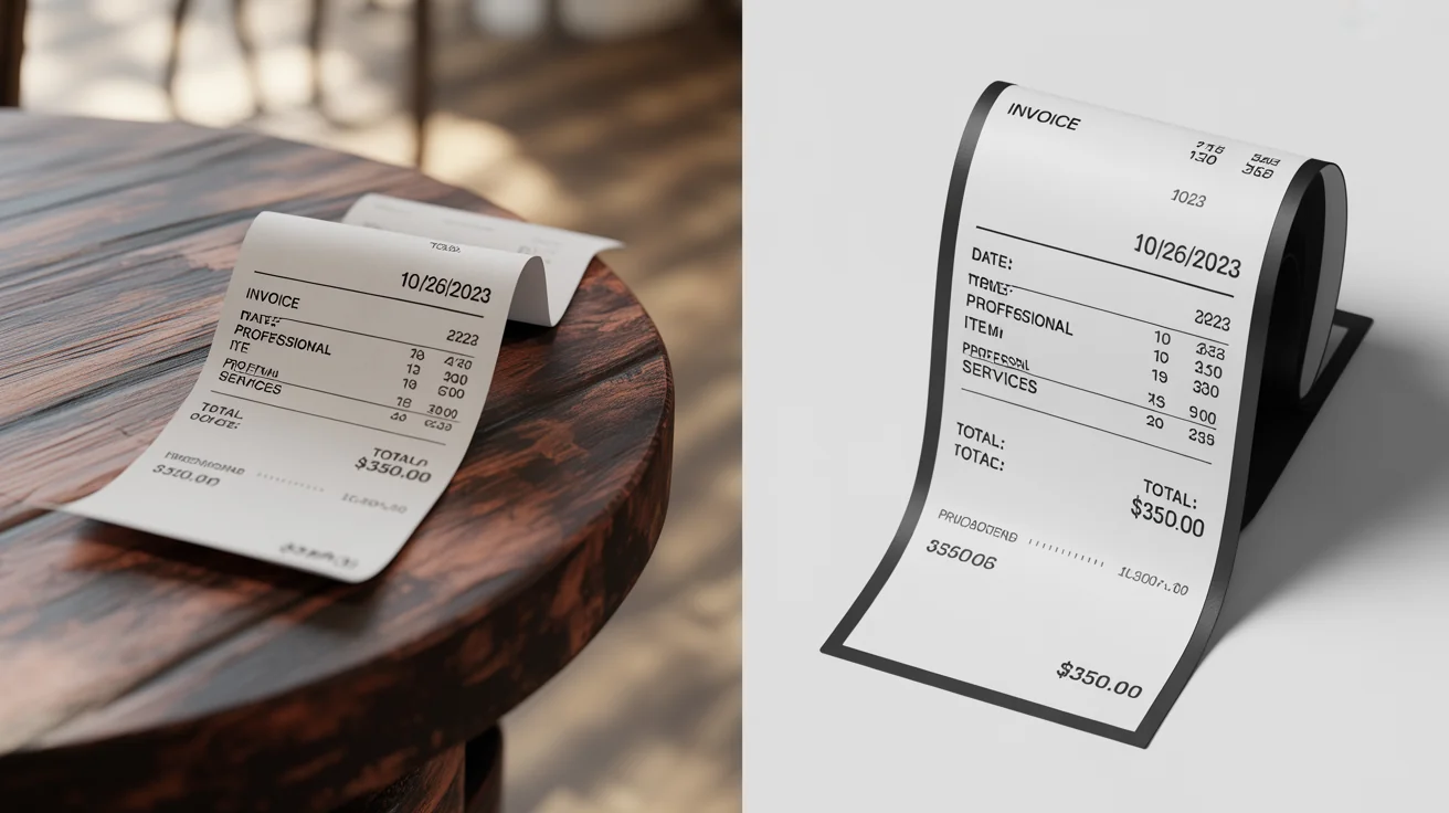 A comparison image showing the conversion of a photo of a receipt into a scanned document. The left side shows the receipt photographed at an angle with shadows, while the right side shows a clean, flat, black-and-white digital scan of the same receipt.