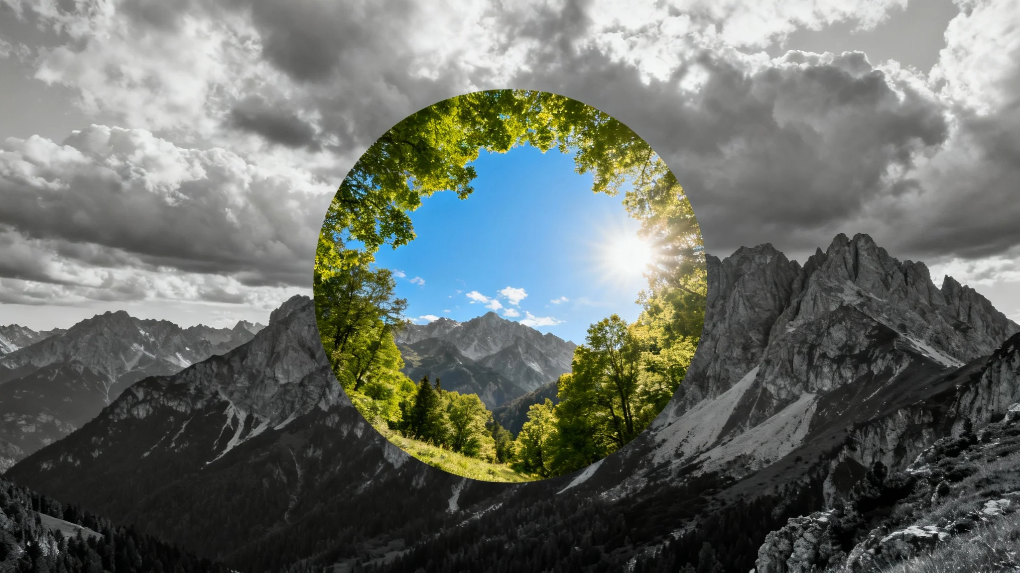 A hero image demonstrating AI image masking, showing a black and white mountain landscape with a circular section in the middle that is in full, vibrant color.