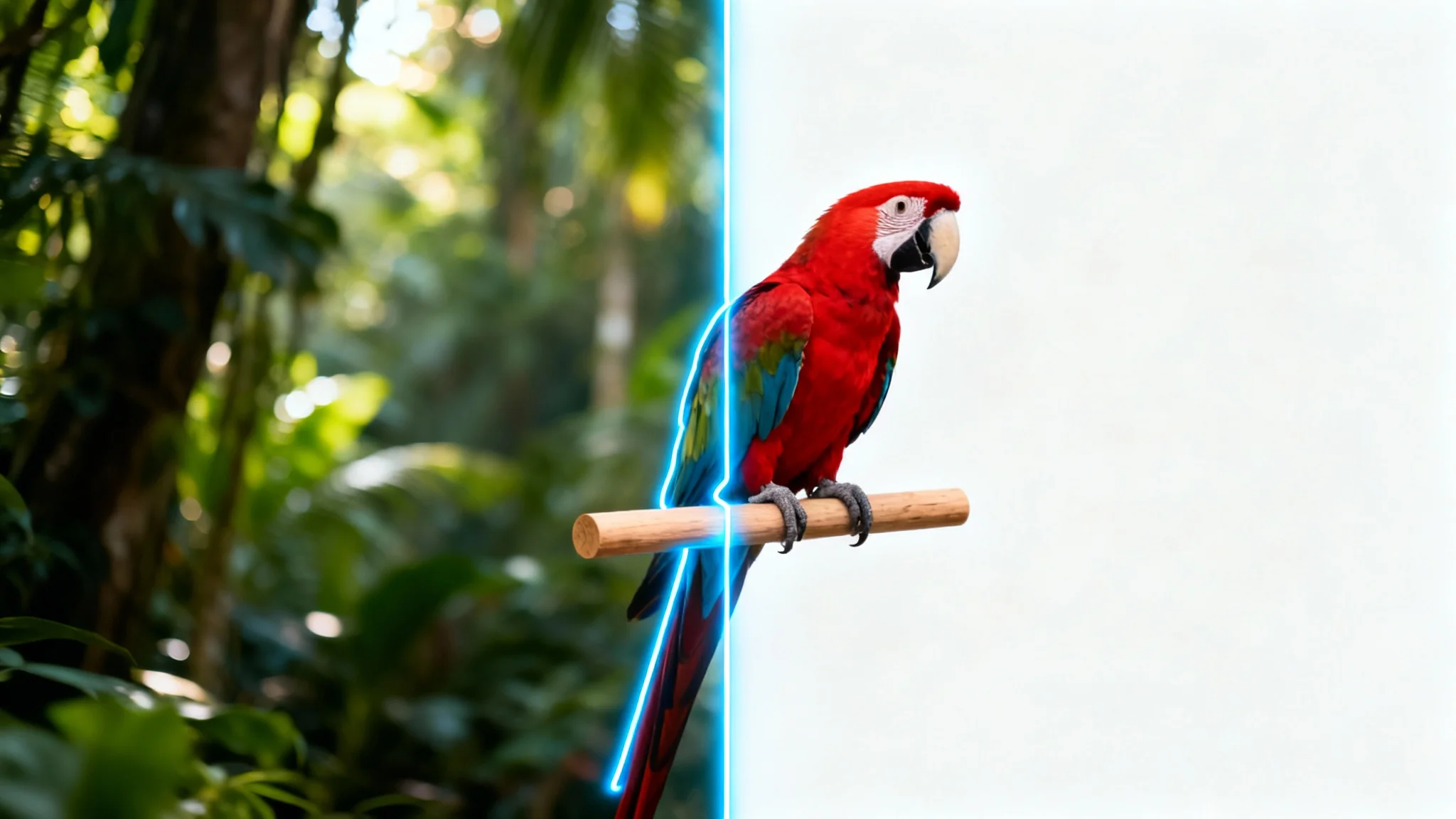 A photorealistic image of a scarlet macaw, half on a jungle background and half on a white background, with a glowing blue line separating the two to illustrate the concept of AI image masking.