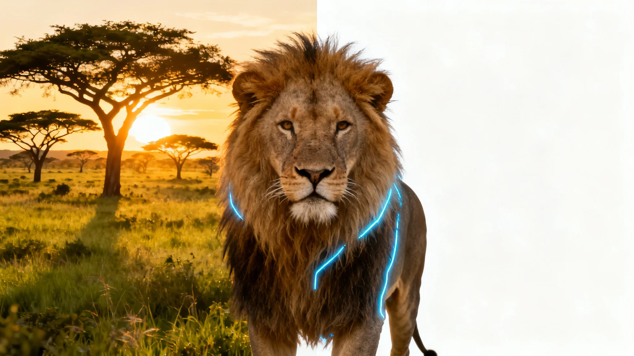 An image demonstrating AI image masking, featuring a lion with a detailed mane. The background is split between a savanna and a plain white background, with a glowing line showing the precise cutout.