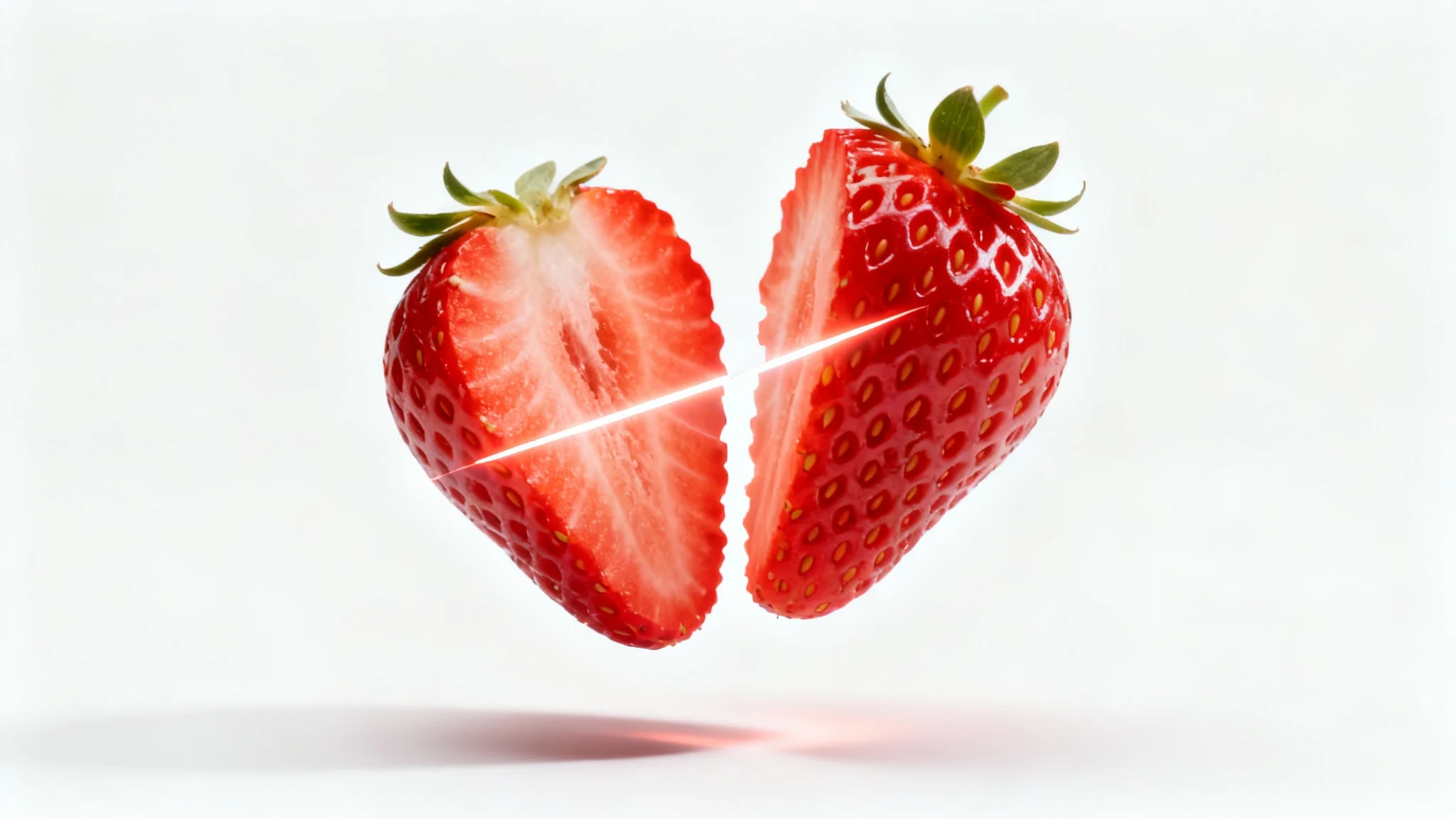 A hyper-realistic image of a strawberry being sliced in mid-air against a white background, symbolizing the precision of AI image masking.