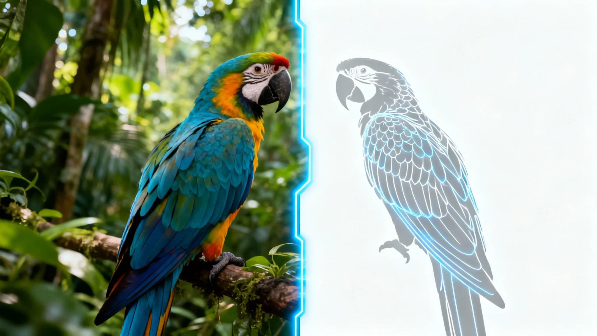 A demonstration of AI image masking, where a colorful macaw is being precisely cut out from its lush jungle background and placed onto a clean white background.