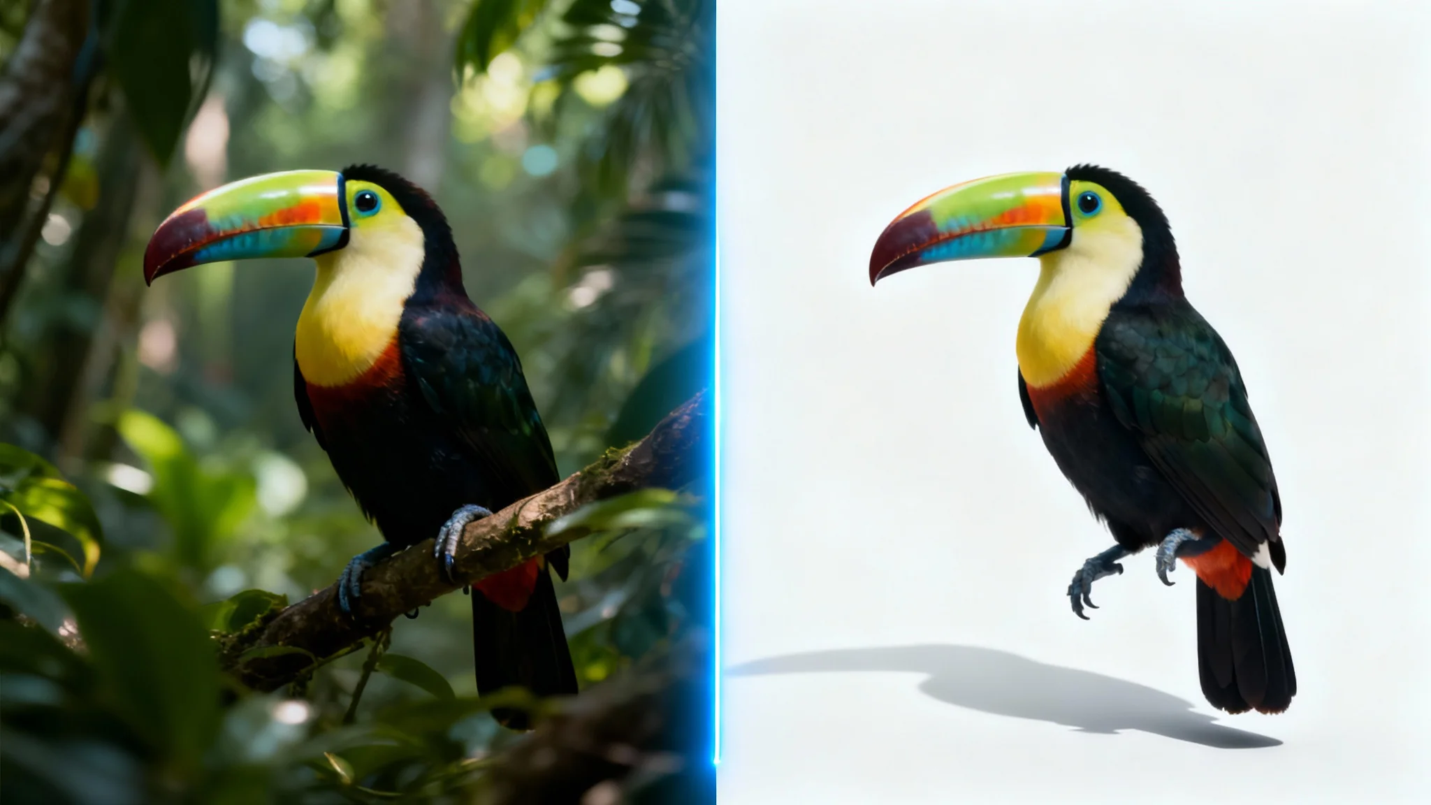 A conceptual image demonstrating AI image masking. The left side shows a colorful toucan in a jungle, while the right side shows the same toucan perfectly cut out and placed on a plain white background.