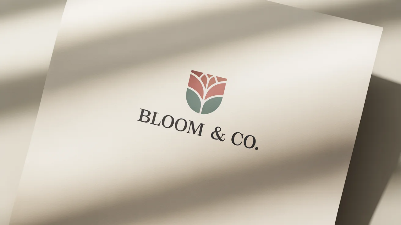 A professionally designed logo for a floral company named 'BLOOM & CO.', showcased on a clean background. The logo features a minimalist, stylized rose in soft pink and green.