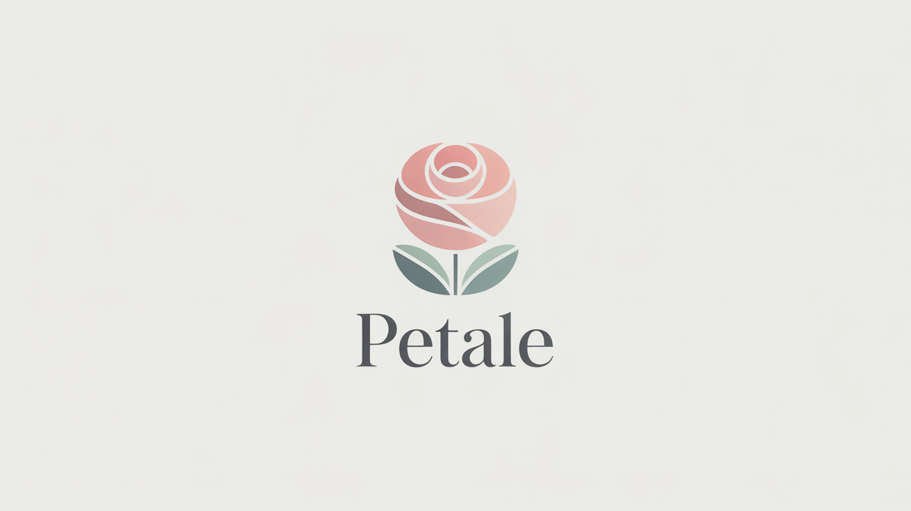 An elegant, minimalist flower logo mockup on a white background. The logo shows a stylized pastel pink rose with sage green leaves, with the fictional brand name 'Petale' written below in a sophisticated font.