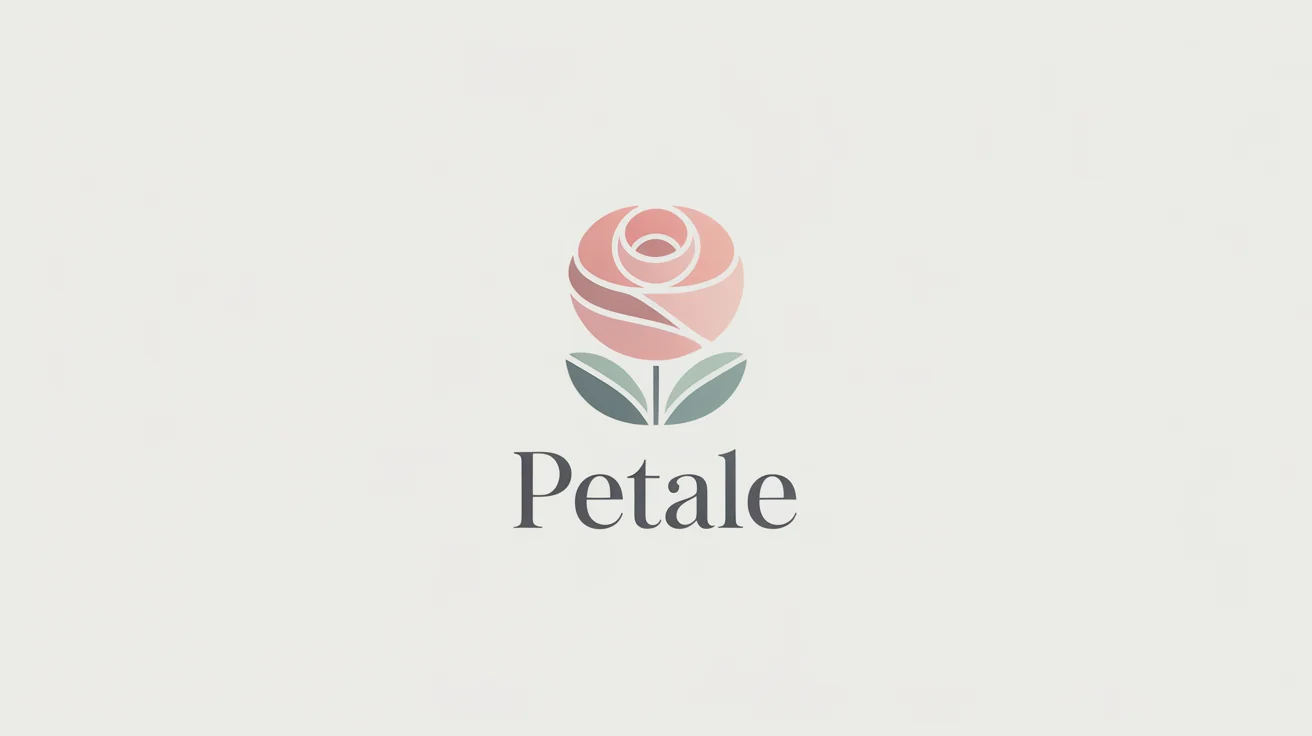 An elegant, minimalist flower logo mockup on a white background. The logo shows a stylized pastel pink rose with sage green leaves, with the fictional brand name 'Petale' written below in a sophisticated font.