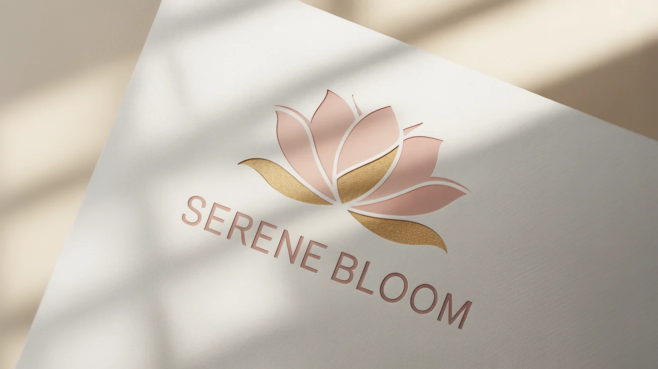 An elegant and modern flower logo for a fictional brand 'Serene Bloom', featuring a stylized lotus in blush pink and gold foil on a white background.