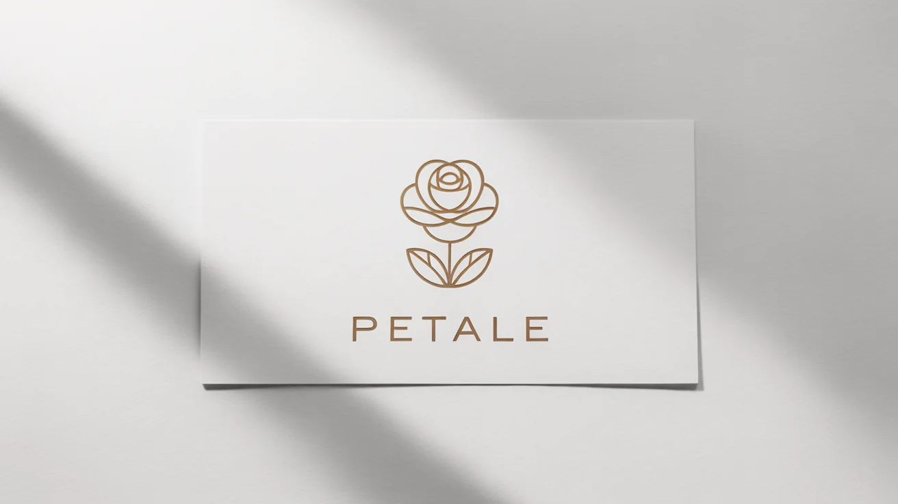 A minimalist, elegant flower logo mockup in gold. The logo features a stylized rose above the word 'Petale' on a clean white background.
