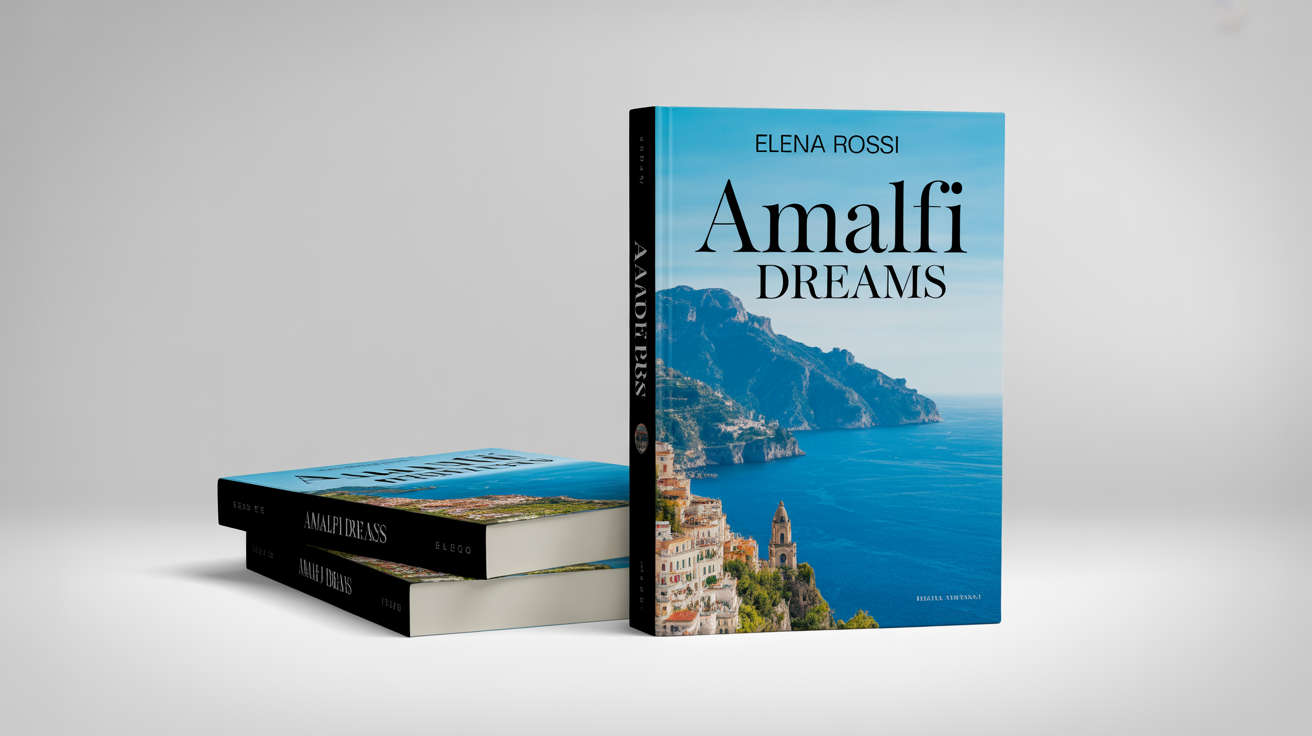 Hero image showing two mockups of a professionally designed travel book titled 'Amalfi Dreams', featuring a vibrant photo of the Amalfi Coast on the cover.
