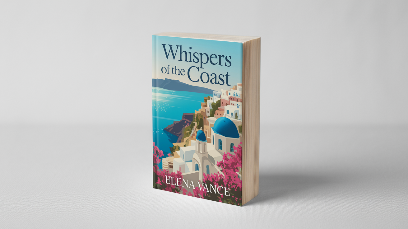 A photorealistic mockup of a travel book titled 'Whispers of the Coast' by Elena Vance, standing on a white background. The cover features a colorful painting of a Mediterranean seaside town.