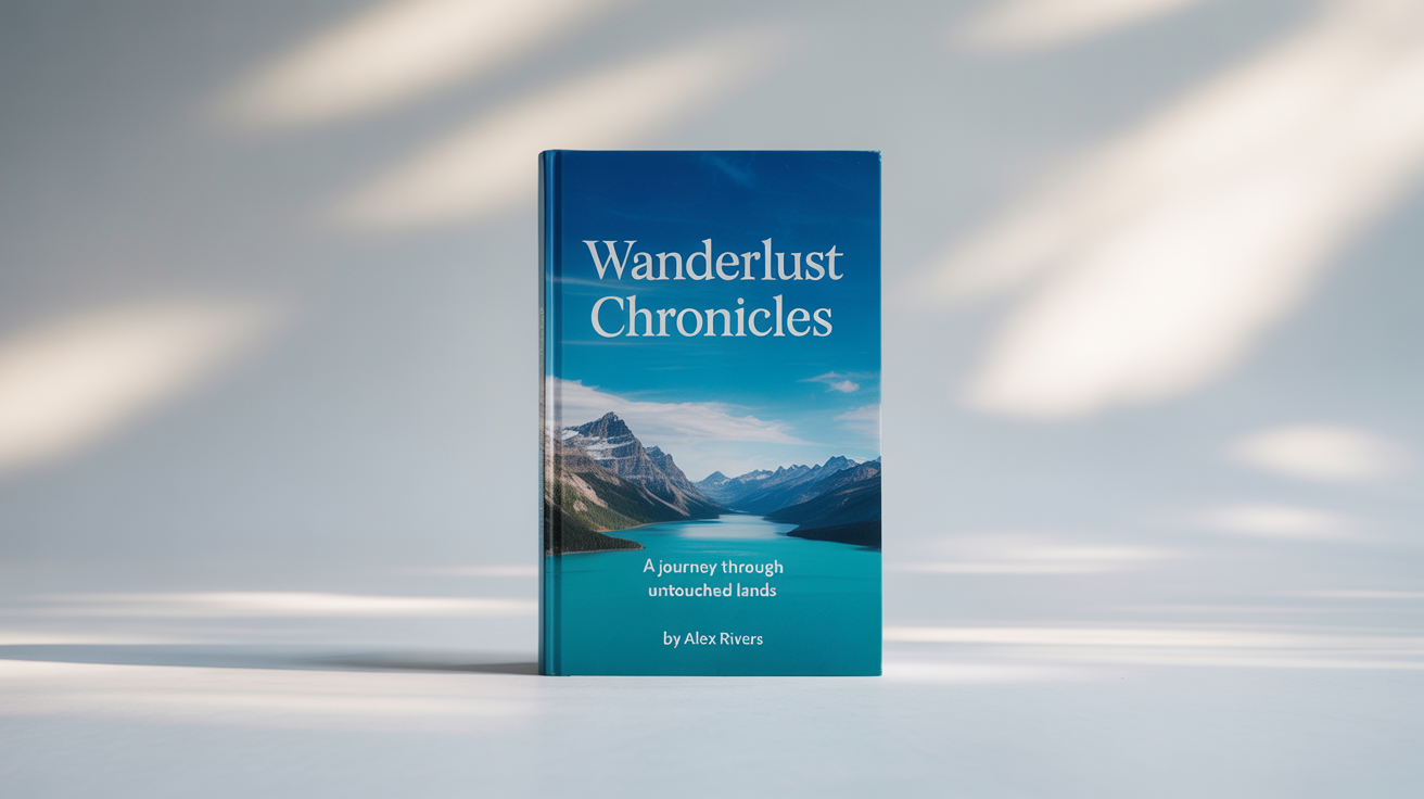 A professionally designed travel book cover titled 'Wanderlust Chronicles' by Alex Rivers, shown as a mockup against a white background.