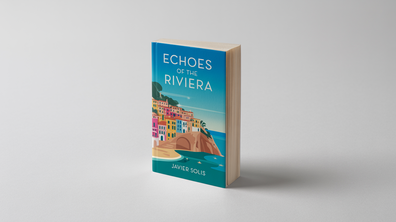 A mockup of a travel book cover titled 'Echoes of the Riviera' by Javier Solis, showing a colorful Mediterranean coastal town, standing against a plain white background.