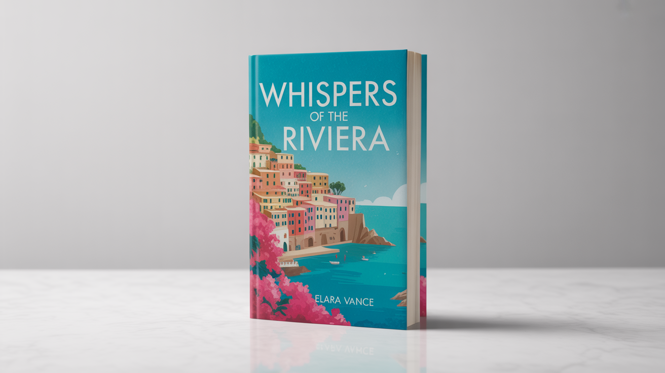 A photorealistic mockup of a travel book cover for 'Whispers of the Riviera' by Elara Vance, showing a colorful Italian coastal village, set against a plain white background.