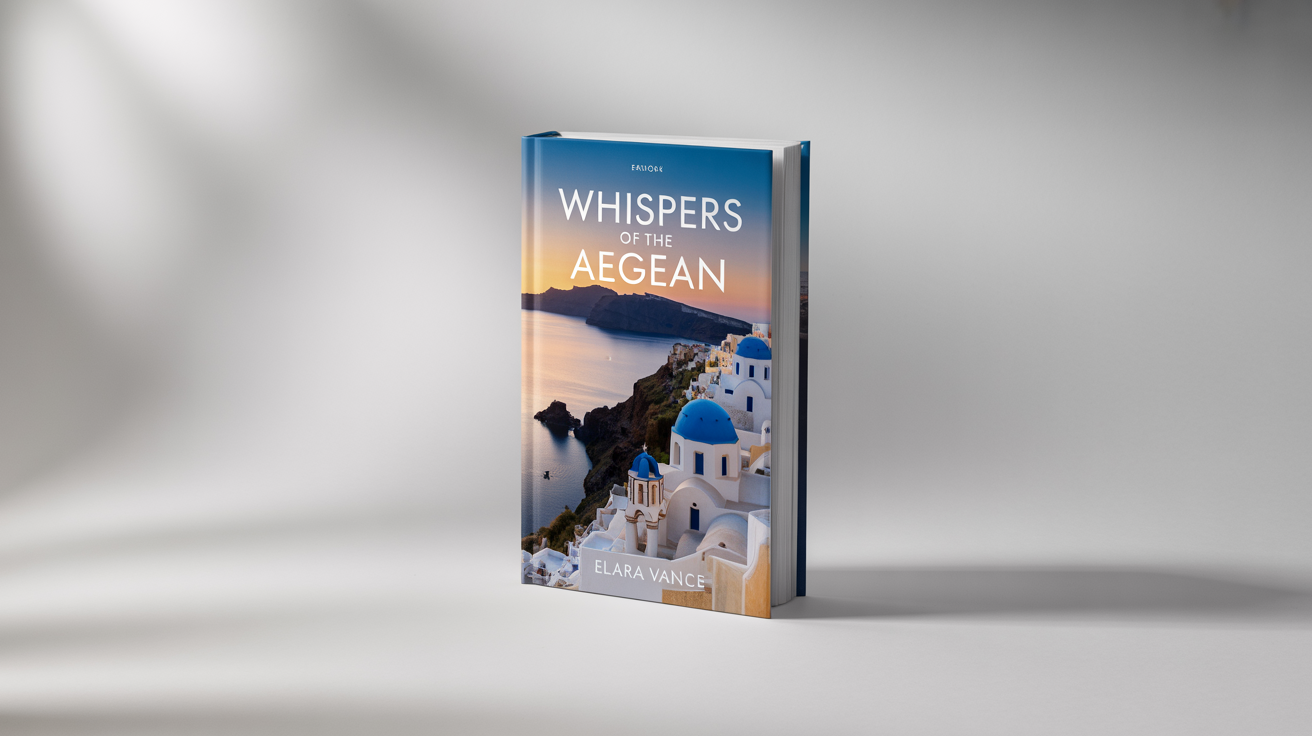A photorealistic mockup of a travel book titled 'Whispers of the Aegean' by Elara Vance. The cover shows a beautiful sunset over the white buildings and blue domes of Santorini, Greece.