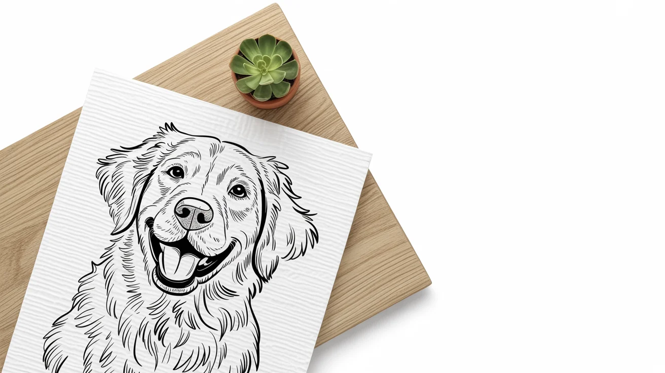 A minimalist line drawing of a happy Golden Retriever, presented as a finished art print on a clean wooden desk next to a small plant.