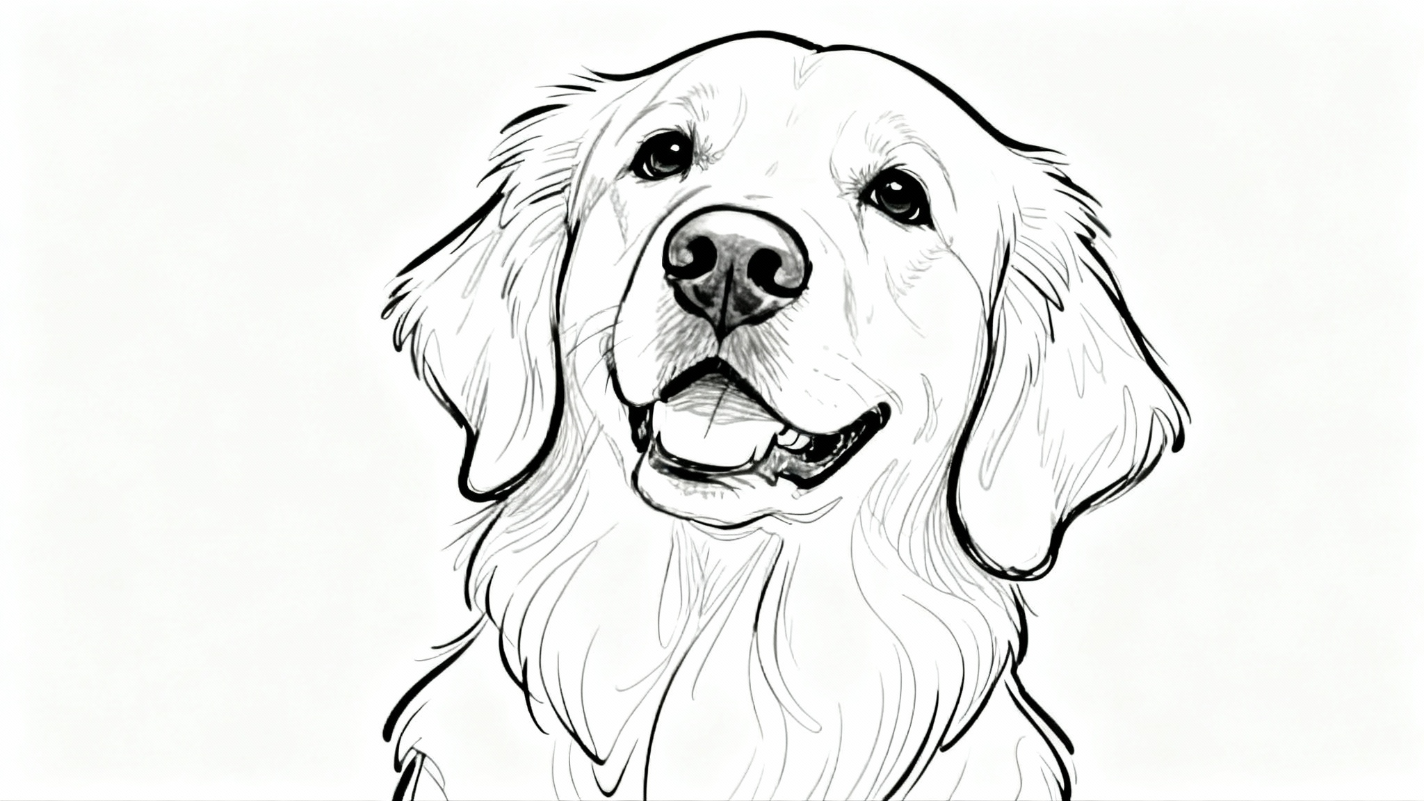 An elegant, minimalist single-line drawing of a happy Golden Retriever's portrait. The artwork is in black ink on a plain white background, capturing the dog's friendly expression.