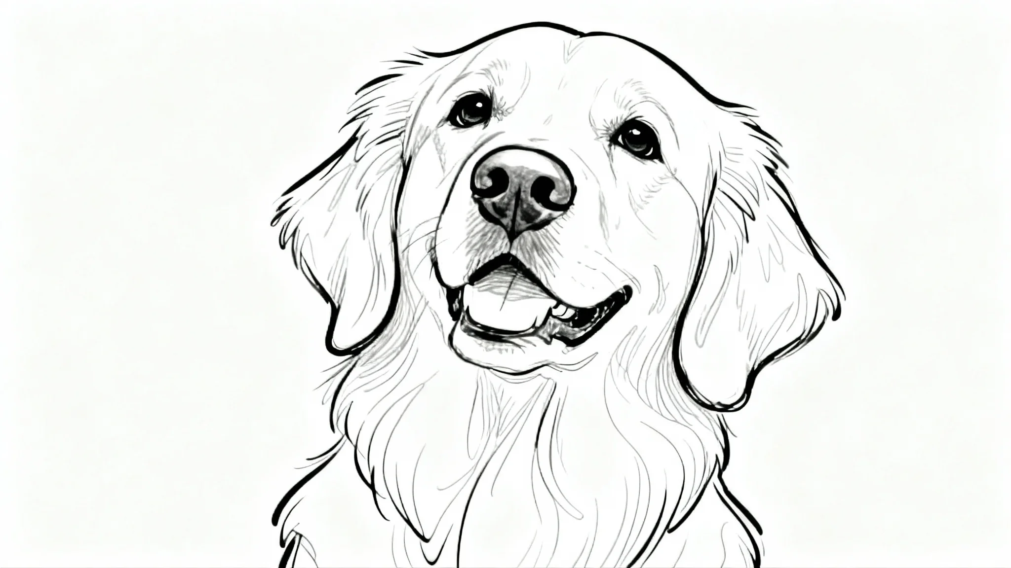 An elegant, minimalist single-line drawing of a happy Golden Retriever's portrait. The artwork is in black ink on a plain white background, capturing the dog's friendly expression.