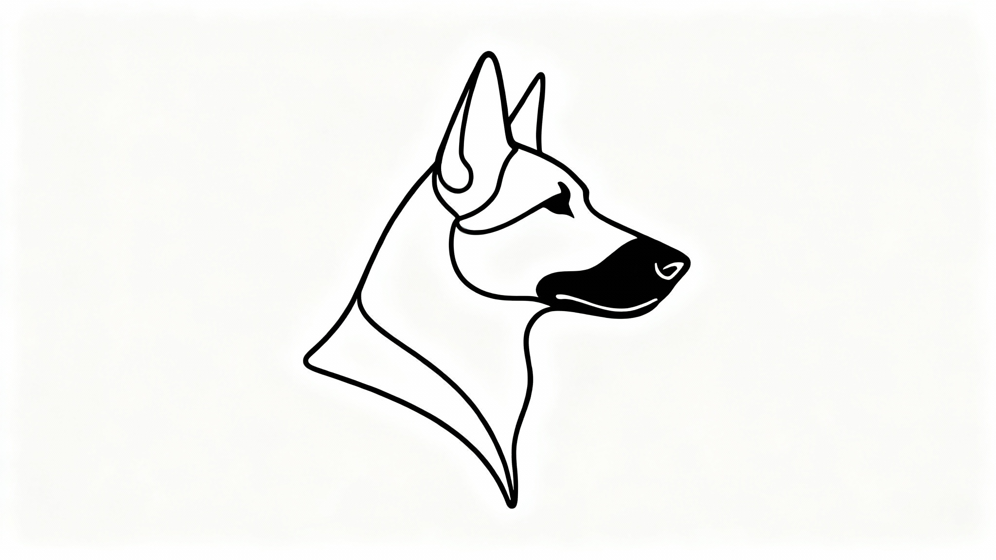 A minimalist black and white line drawing of a German Shepherd's head in profile, created with a single continuous line on a clean white background.
