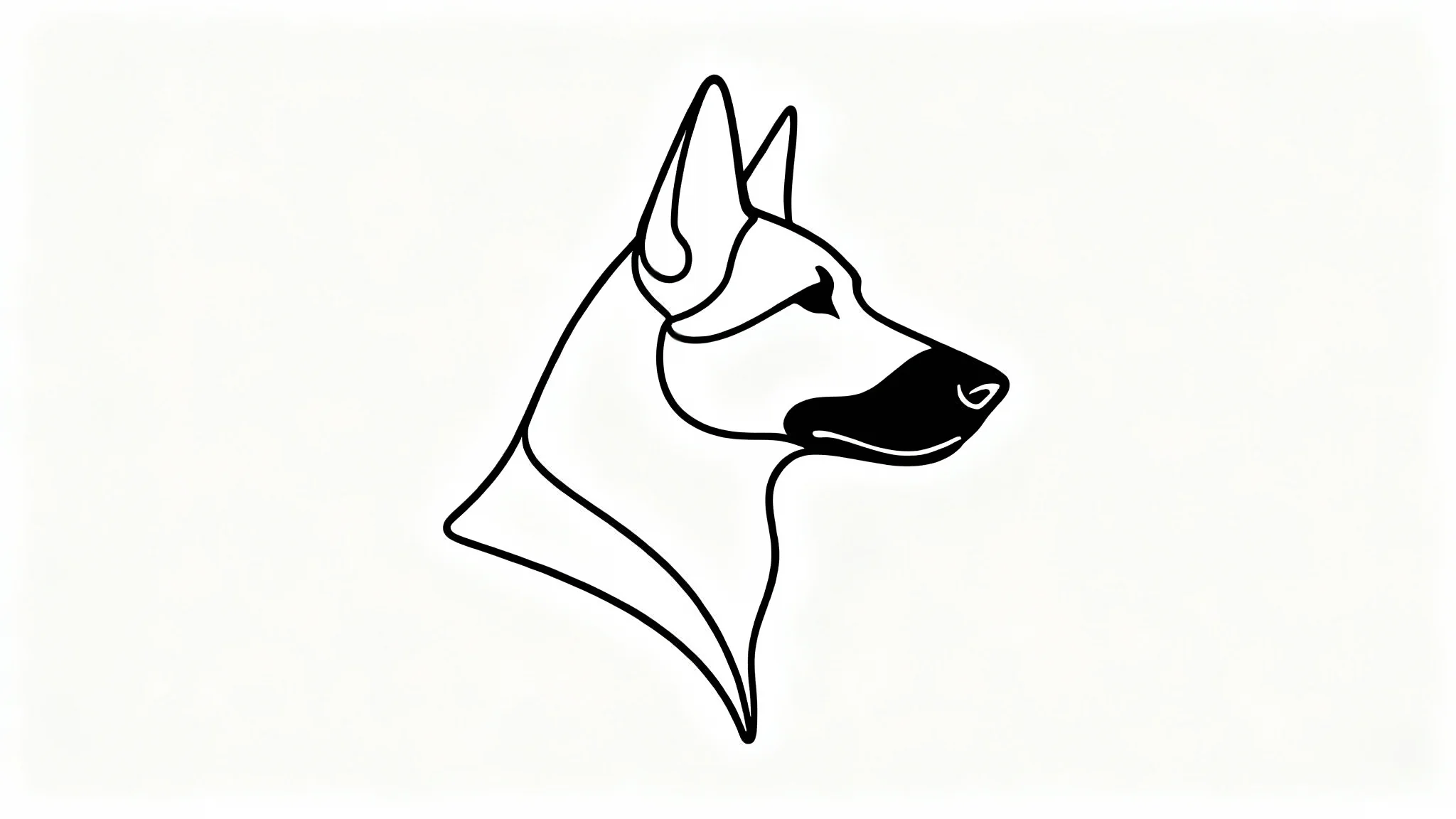 A minimalist black and white line drawing of a German Shepherd's head in profile, created with a single continuous line on a clean white background.