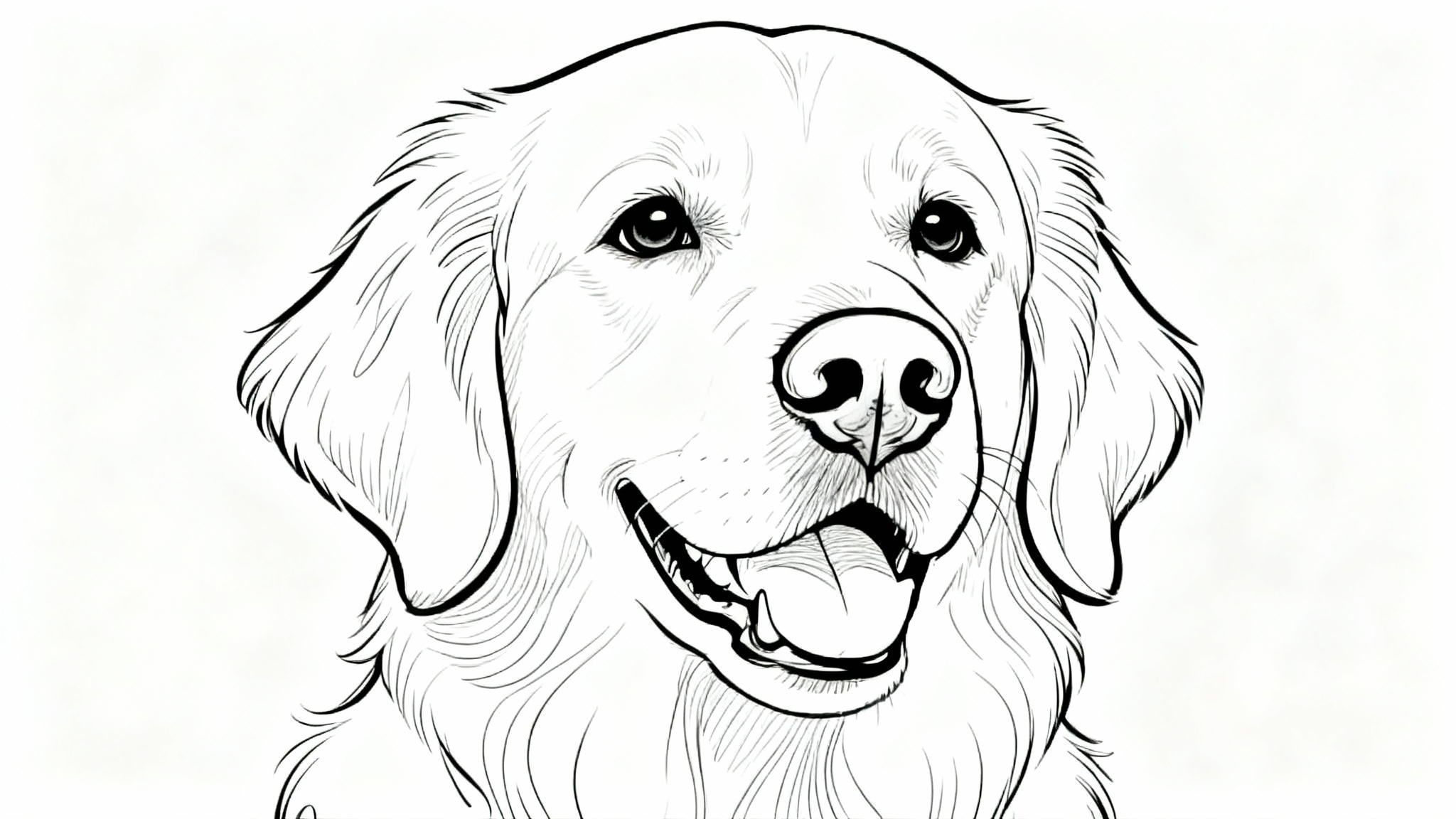 A close-up, minimalist black line drawing of a happy Golden Retriever's face on a stark white background.